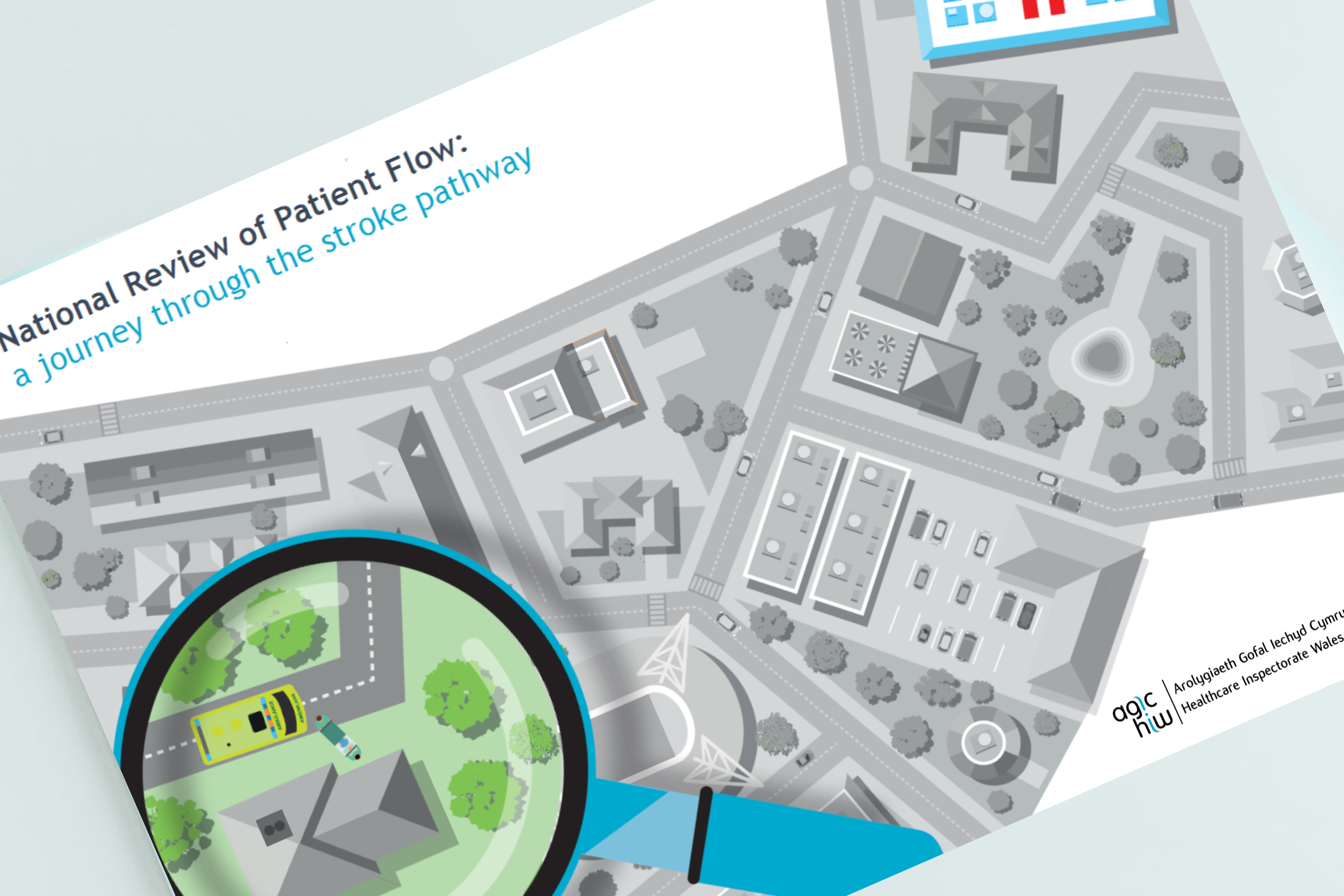 Patient Flow - A journey through the stroke pathway report cover, magnifying glass looking over a map