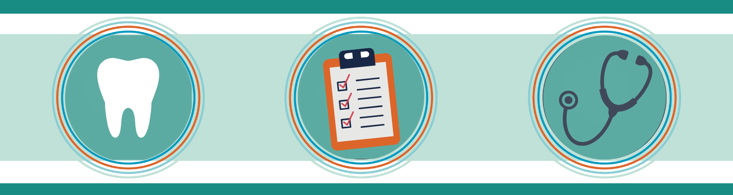 pictures of tooth, a paper with tick marks and stetoscope