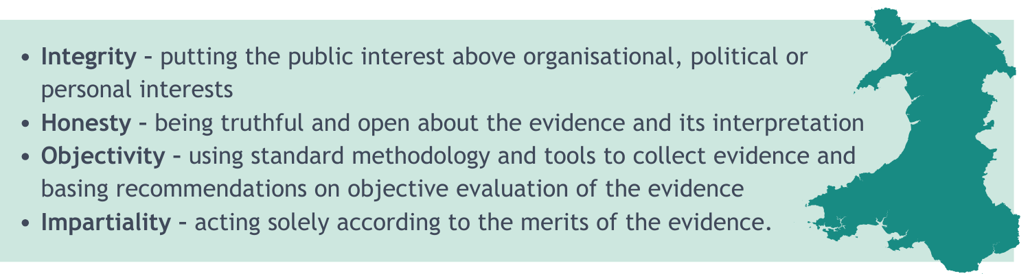 Integrity – putting the public interest above organisational, political or personal interests.  Honesty – being truthful and open about the evidence and its interpretation.  Objectivity – using standard methodology and tools to collect evidence and basing recommendations on objective evaluation of the evidence.  Impartiality – acting solely according to the merits of the evidence.